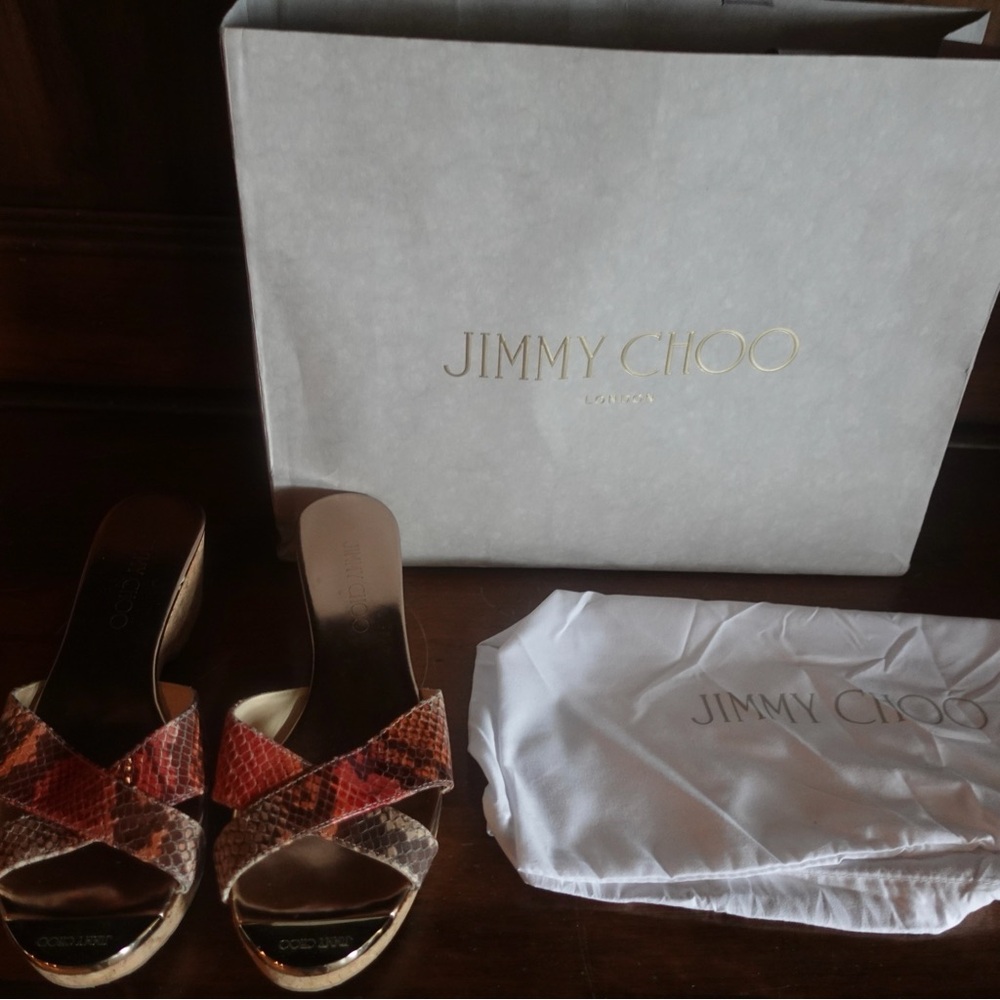 Jimmy Choo Snakeskin Embossed Leather Panna Cork Wedge Sandals Size 7 1/2